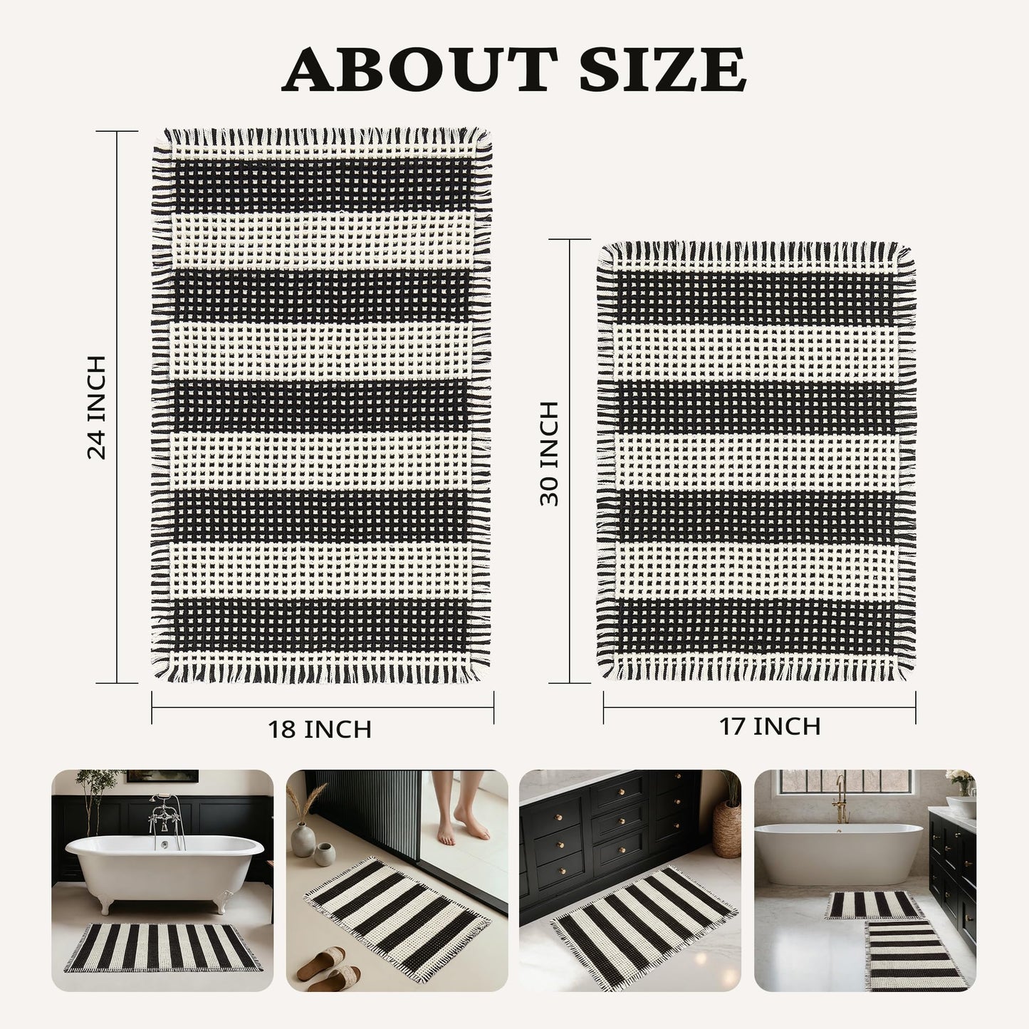 MatEssenz Bathroom Rugs Sets 2 Piece Absorbent Quick Drying Machine Washable,Non Slip, Bathroom Accessories, 17"x24"+18"x30", Black and White Stripes