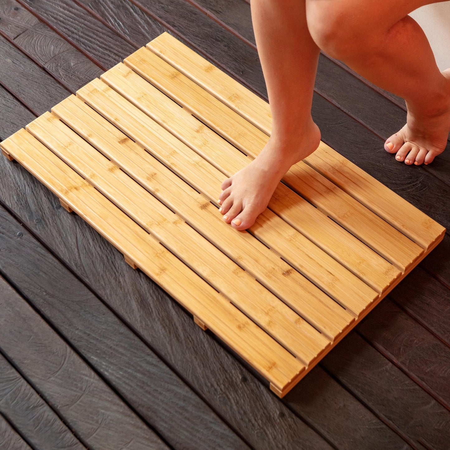 Large Natural Bamboo Bath Mat – Non-Slip Design Sauna Floor Mat, Secure Grip Pads, Water-Resistant Coating, Durable for Indoor/Outdoor Use, Bamboo Decor