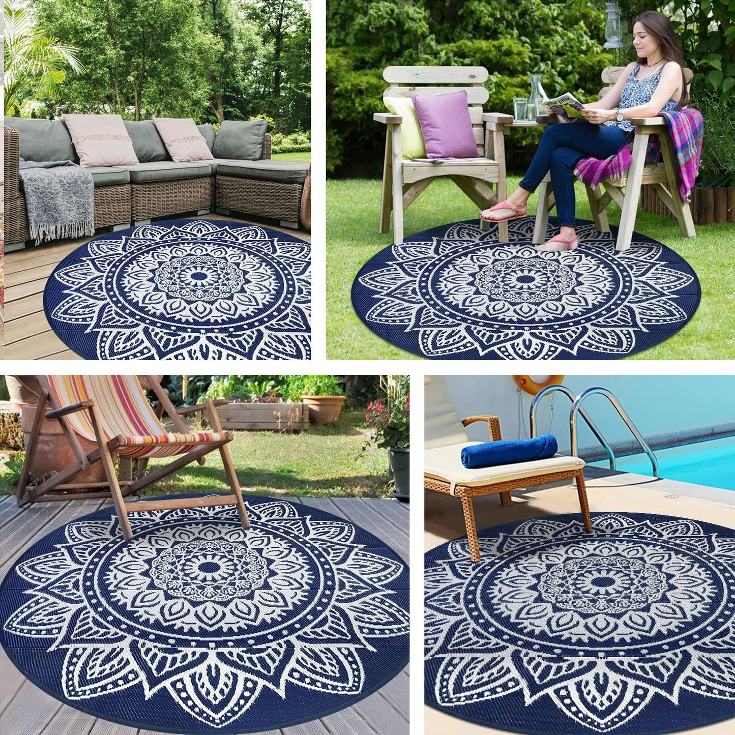 famibay 6 Ft Round Boho Outdoor Plastic Straw Rug, Waterproof, Portable, Reversible, UV-Resistant, Patio, Porch, Camping, Dark Blue