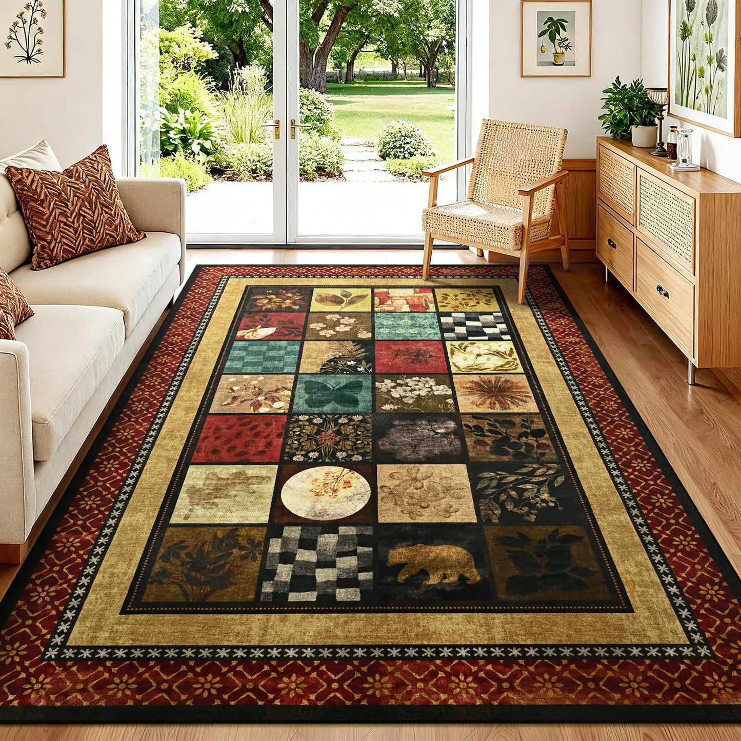 Zedrew 5x7 Area Rug, Geometry Floral Rugs for Living Room, Non Slip Low Pile Print Rug Indoor Carpet Bedroom Office Dining Kids Room Playroom Apartment Home Decor (Red, 5x7ft)