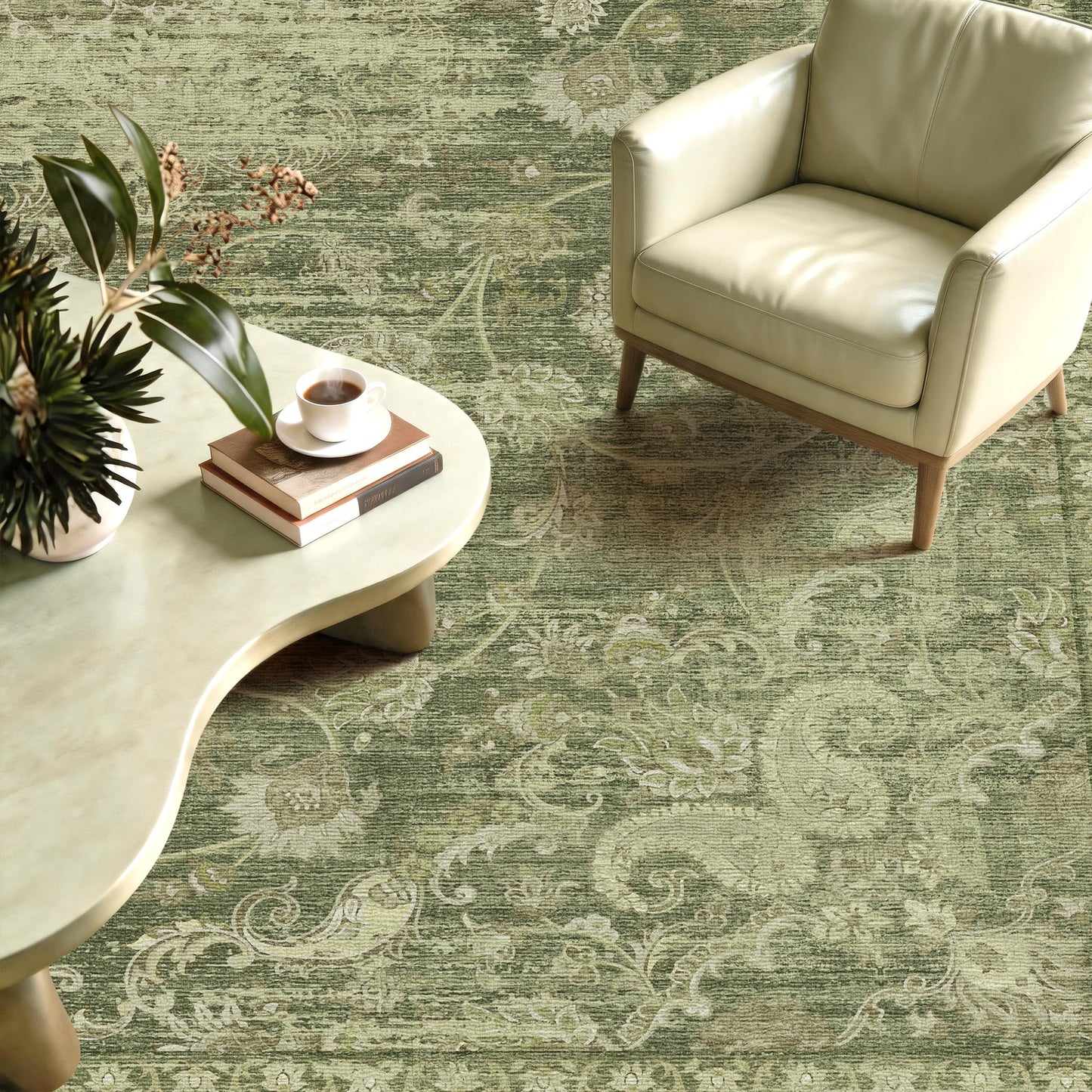 TTelephant Washable Rugs 5x7, Vintage Medallion Carpet for Bedroom, Living Room and Dining Room, Low Pile Sage Green Rug with Non-Slip Silicone Backing, Non-Shedding Stain Resistant