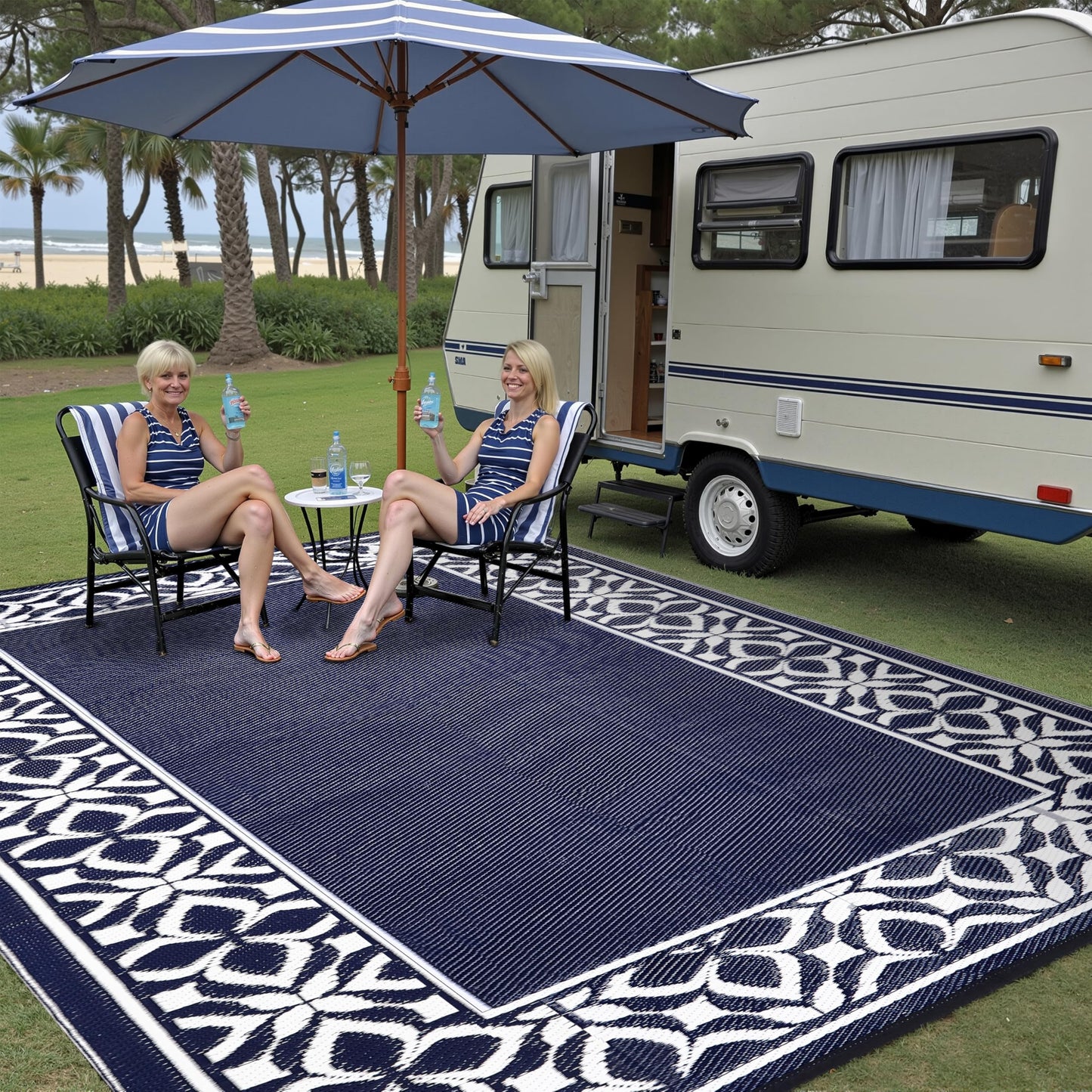 PureCozy Outdoor Plastic Straw Rug Navy Blue Large Outside Waterproof Outdoor Patio 5x8 Carpet Geometric Reversible Mat Modern for Camping RV Porch Deck Balcony Beach
