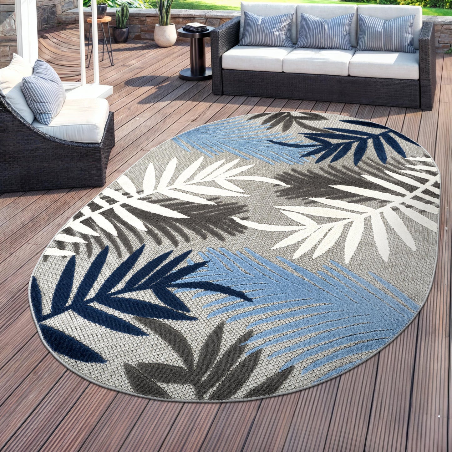 Rugshop Blue Palm Frond Indoor/Outdoor Oval Area Rug Easy Cleaning for Patio, Deck and Living Room, 5' x 7' Oval