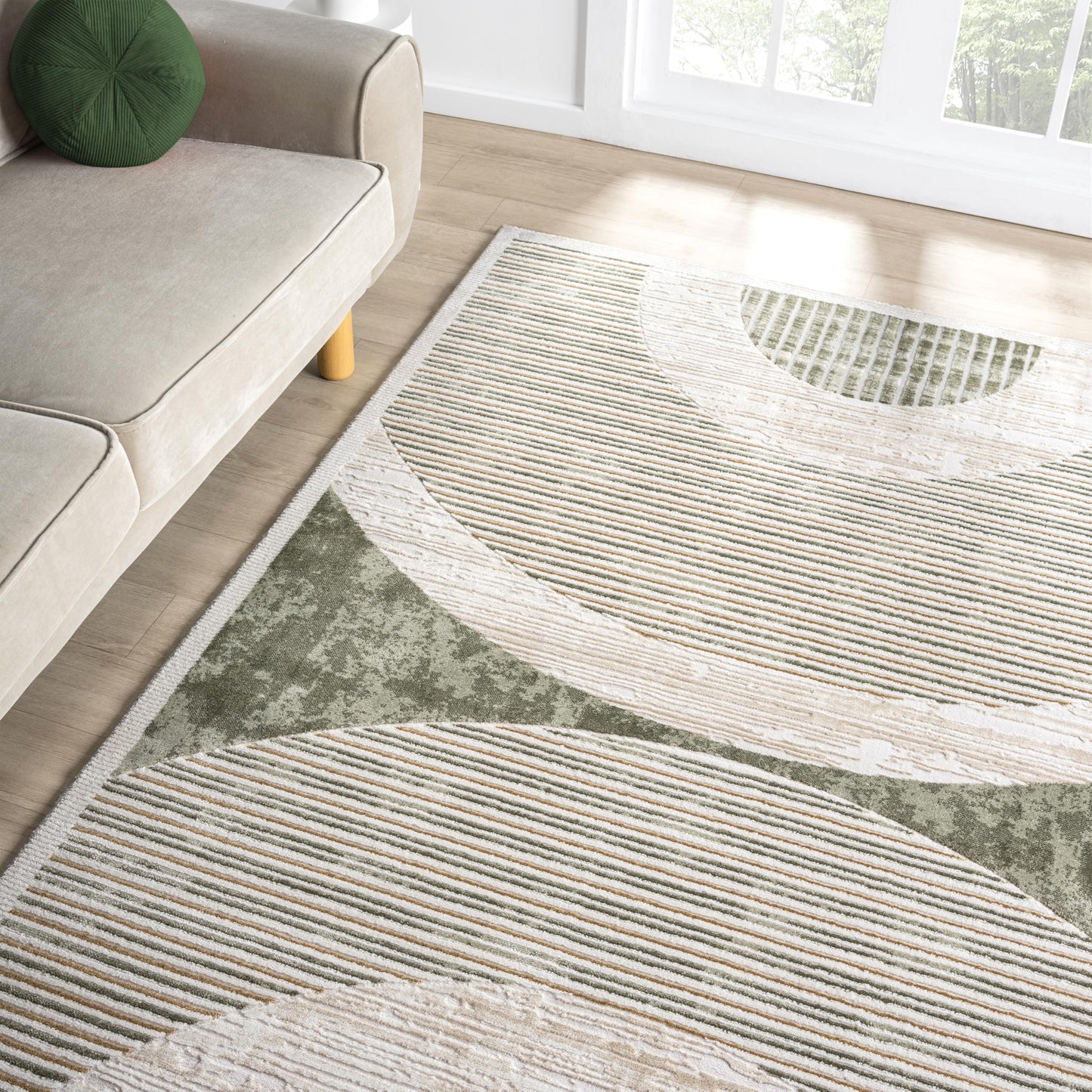 Abani Mid-Century Green Arch Washable Area Rug – 5' x 8' – Modern Geometric Design – Ivy Collection – Non-Shedding, Easy to Clean – Durable for High Traffic Areas – Living Room, Bedroom & Office