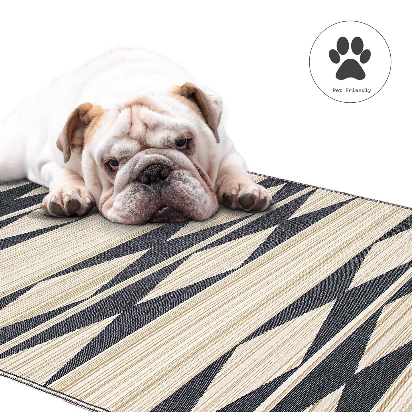 Fab Habitat Outdoor Rug - Waterproof, Fade Resistant, Crease-Free - Premium Recycled Plastic - Geometric Tribal - Patio, Deck, Porch, Balcony, Laundry Room - Cairo - Natural & Black - 4 x 6 ft