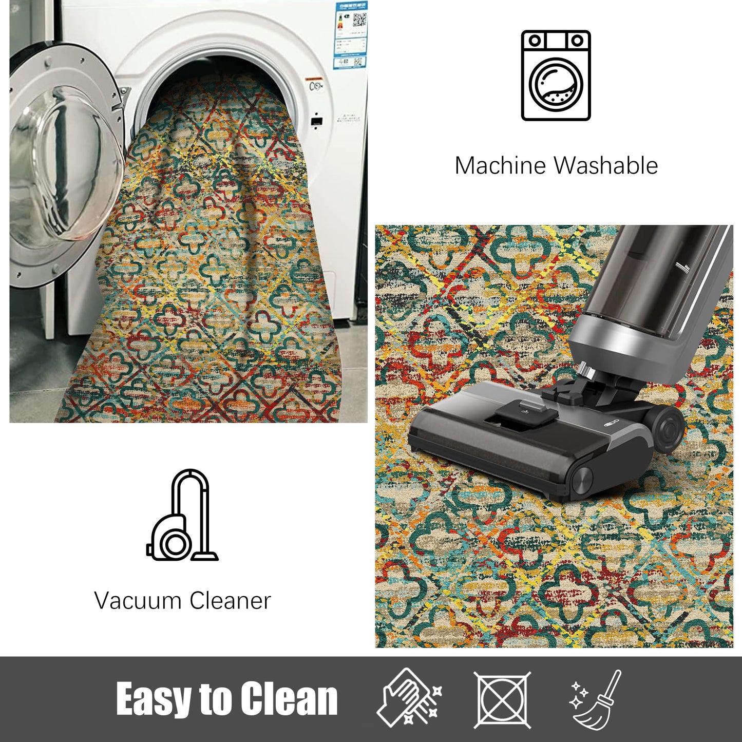 RUGSURE Washable Area Rugs, 8' x 10' - 1/6 Thick - Stain & Water Resistant Non-Slip - Perfect Resistant Rug for Living Room, Bedroom, Nursery, Pet & Child Friendly, Vibrant Colors Rugs, Multicolor