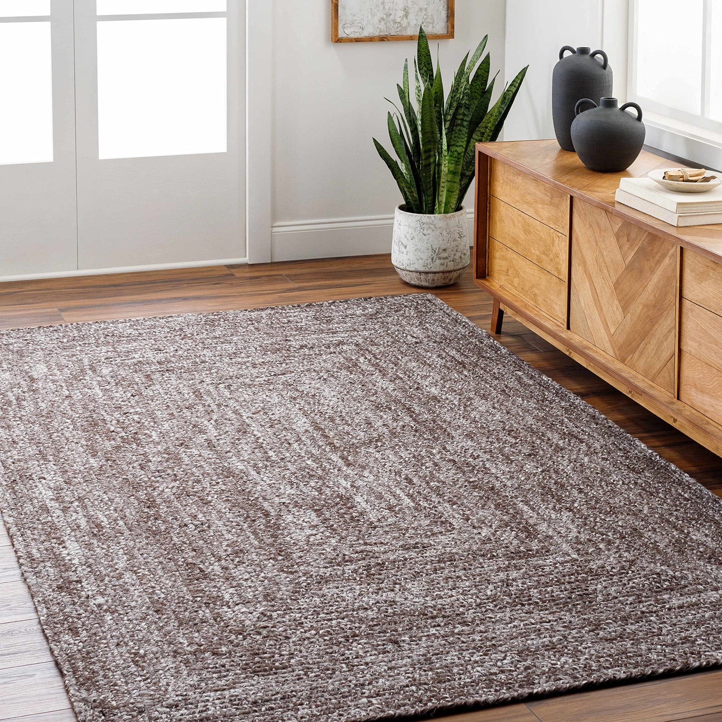Hauteloom Burgundy Recycled Material Living Room, Bedroom Area Rug - Border Square Abstract Ombre - Contemporary Modern Minimalist Transitional Farmhouse - Gray, Charcoal, Light, Neutral - 5' x 7'6"