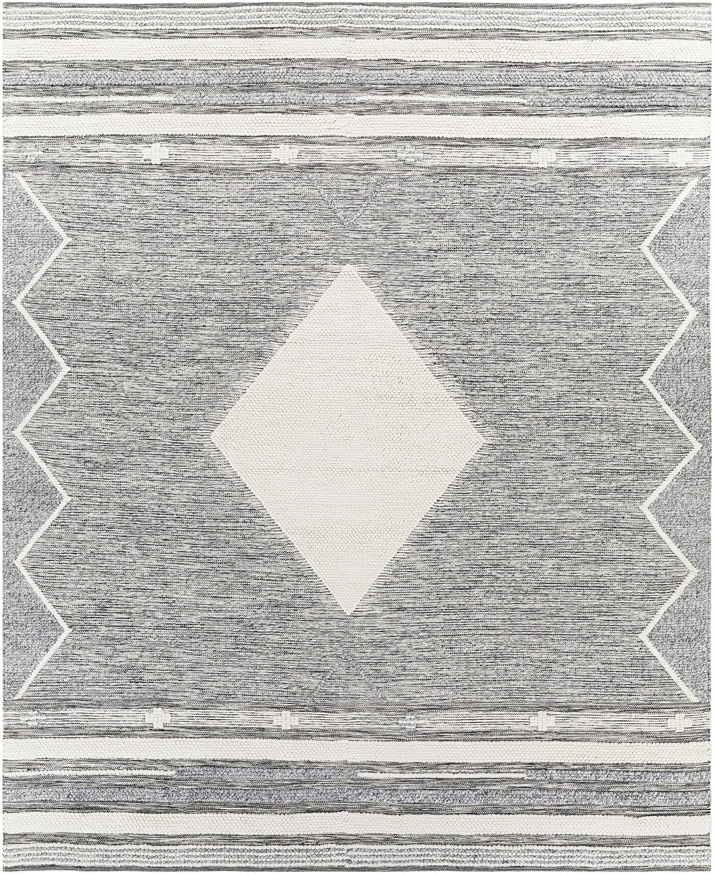Hauteloom McDonald Recycled Material Area Rug - Geometric Diamond Border Striped Medallion - Bohemian Transitional Tribal Southwestern Navajo - Light Slate, Medium Gray, Black, Gray, Cream - 2' x 3'