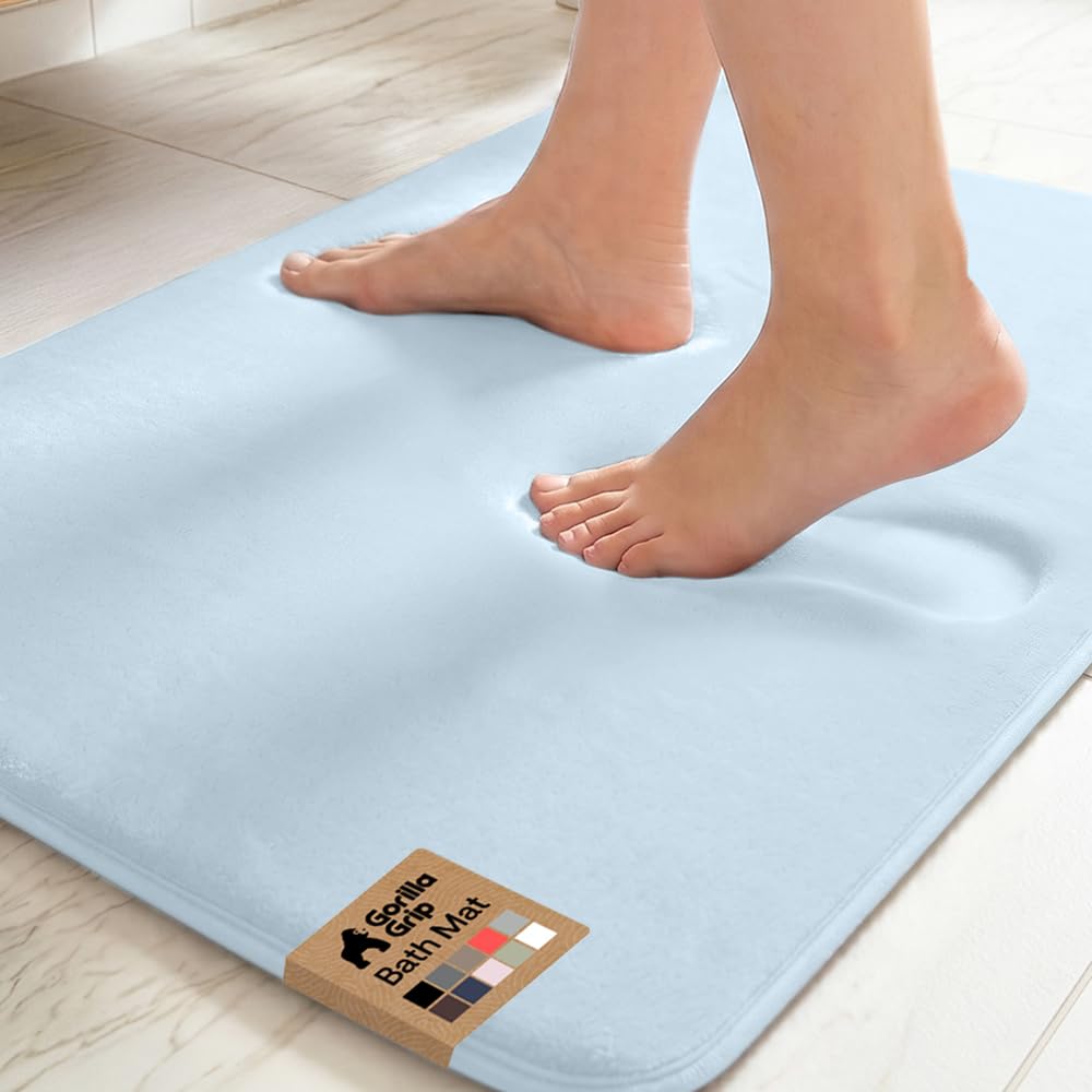 GORILLA GRIP® Memory Foam Bath Rugs, Soft Absorbent Velvet Bathroom Mats, Durable Dots on Underside, Machine Washable Bathmat, Carpet Rug Room Decor for Shower Floor, 24x17 Mat, Light Blue