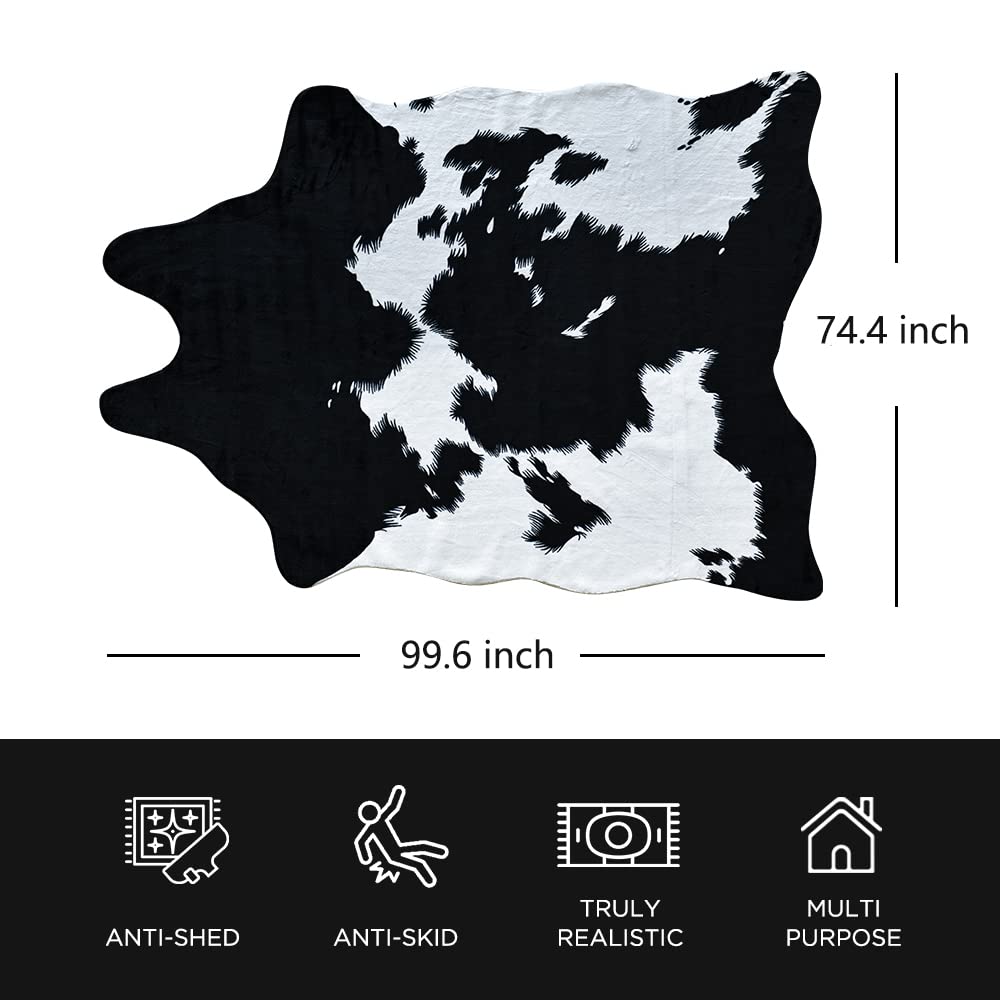 Rugoo Black Faux Cowhide 8.3 ft x 6.2 ft Cow Print Faux Animal Skin Faux Fur Rug for Living Room, Bedroom, Nursery