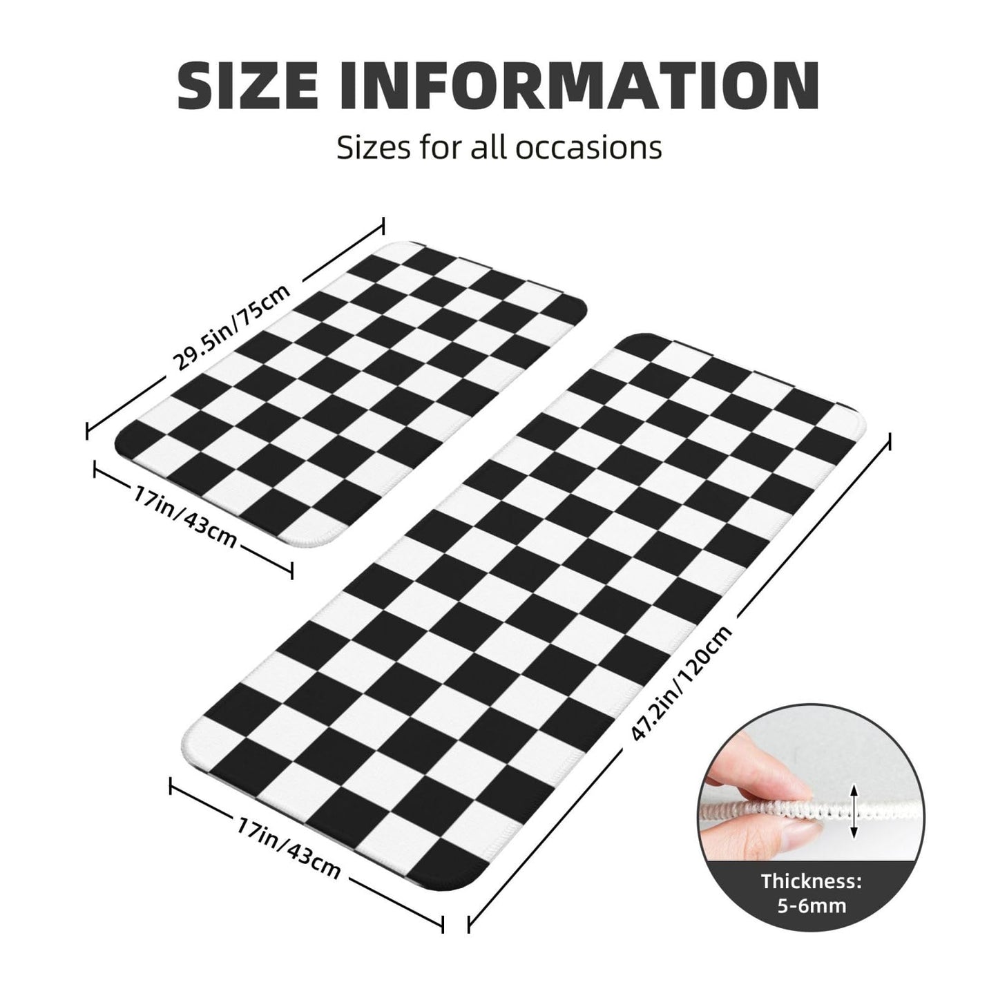 Sovvin Black and White Checkered Kitchen Rugs Microfiber Floor Mats Checkerboard Cushioned Carpet Runner Rug for Laundry Bathroom Living Room, 2 Piece Set 17"X 47" + 17"X 30"