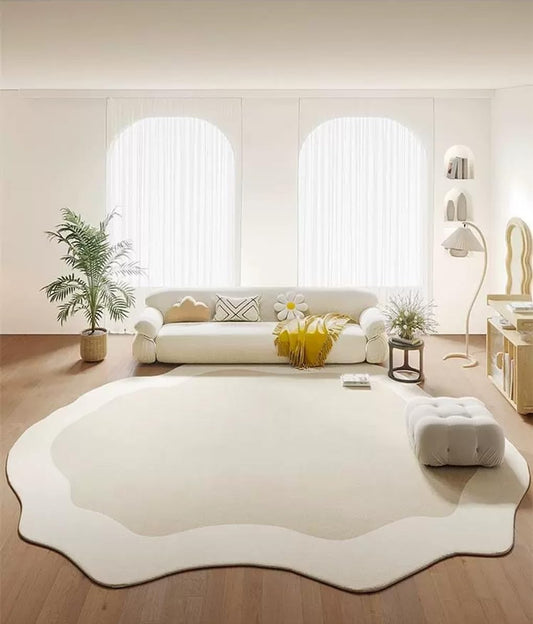 Minimalist Cream Beige Irregular Area Rug 5x8 Modern Abstract Shaped Rugs for Living Room Guestroom Meetingroom Unique Designer Low Pile Washable Carpet Funky Boho Bedroom Home Office Anti Slip Mats