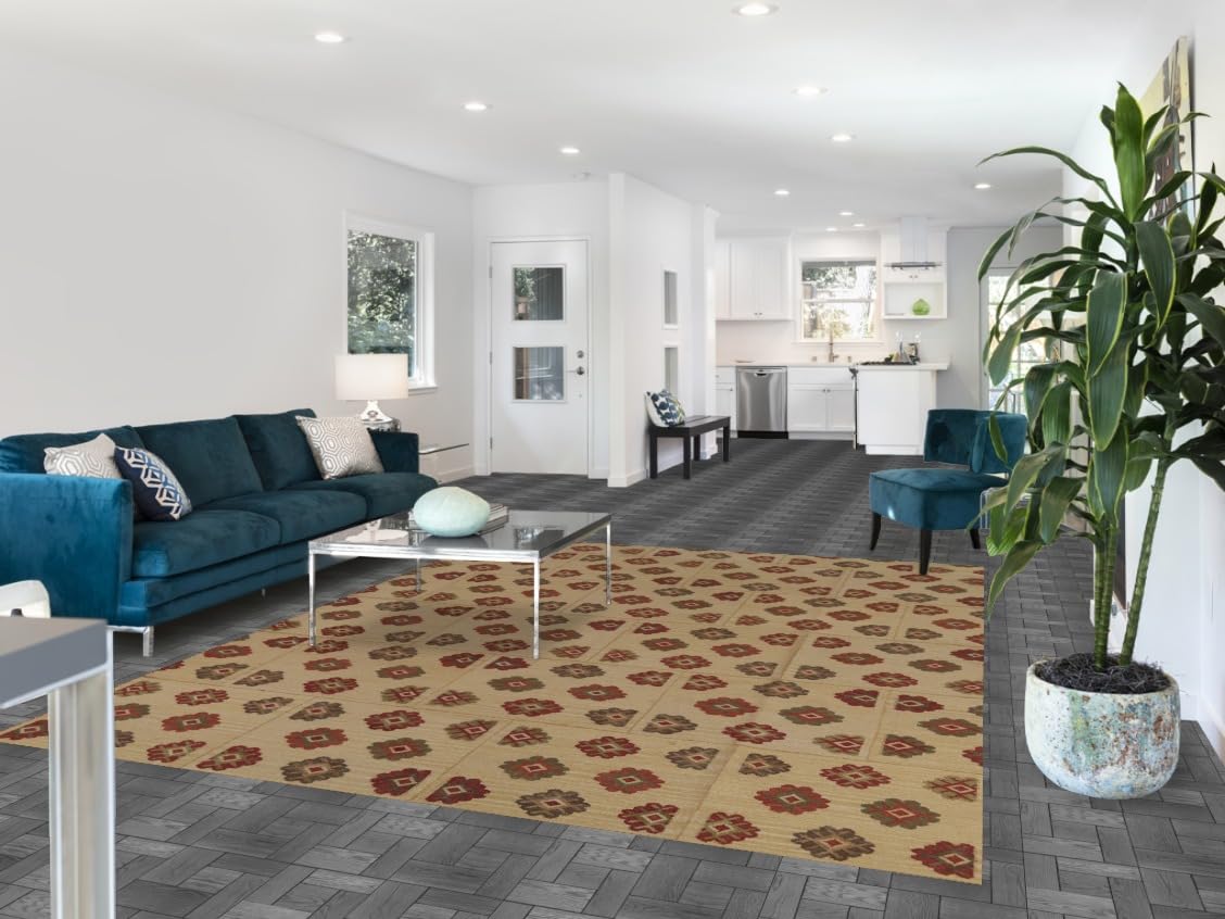 Rug Source Southwestern Style Collection 8x10 Kilim Area Rug, Flatweave/Hand-Woven Beige & Ivories Geometric/All-Over Rug, Oriental Wool Carpet for Bedroom, Living Room, and Dining Room