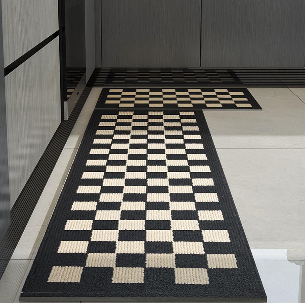 GIB Kitchen Mats for Floor Set of 2, Kitchen Rugs Non Slip/Skid Washable Runner Rugs, Stain Resistant Comfort Standing Mats for Kitchen Laundry Sink Decor, Black Cream Checkered