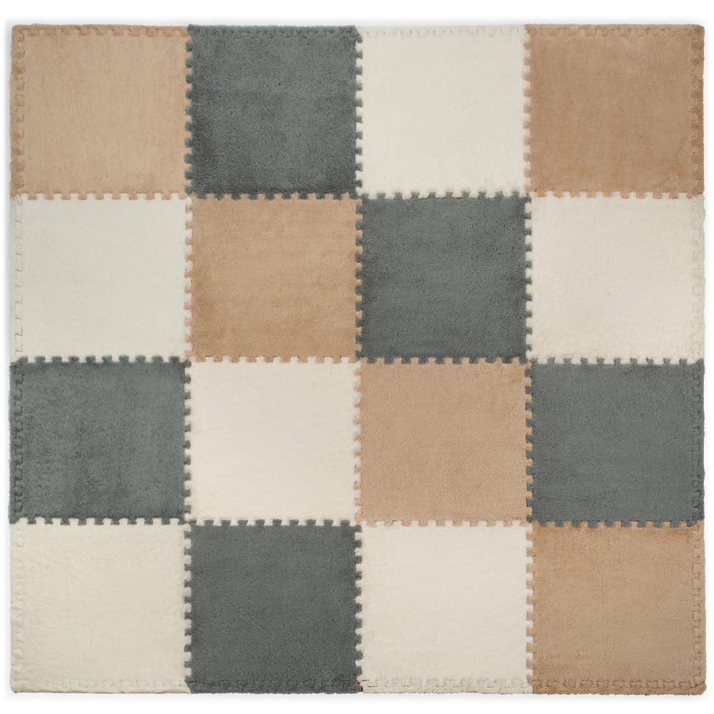 16 Piece Carpet Squares Puzzle Mat 49" x 49" Plush Interlocking Carpet Tiles, Foam Floor Tiles Play Mat - Kids Soft Play Mats Anti Slip Jigsaw Flooring Playmat Playroom Rug (Brown,Gray,White)