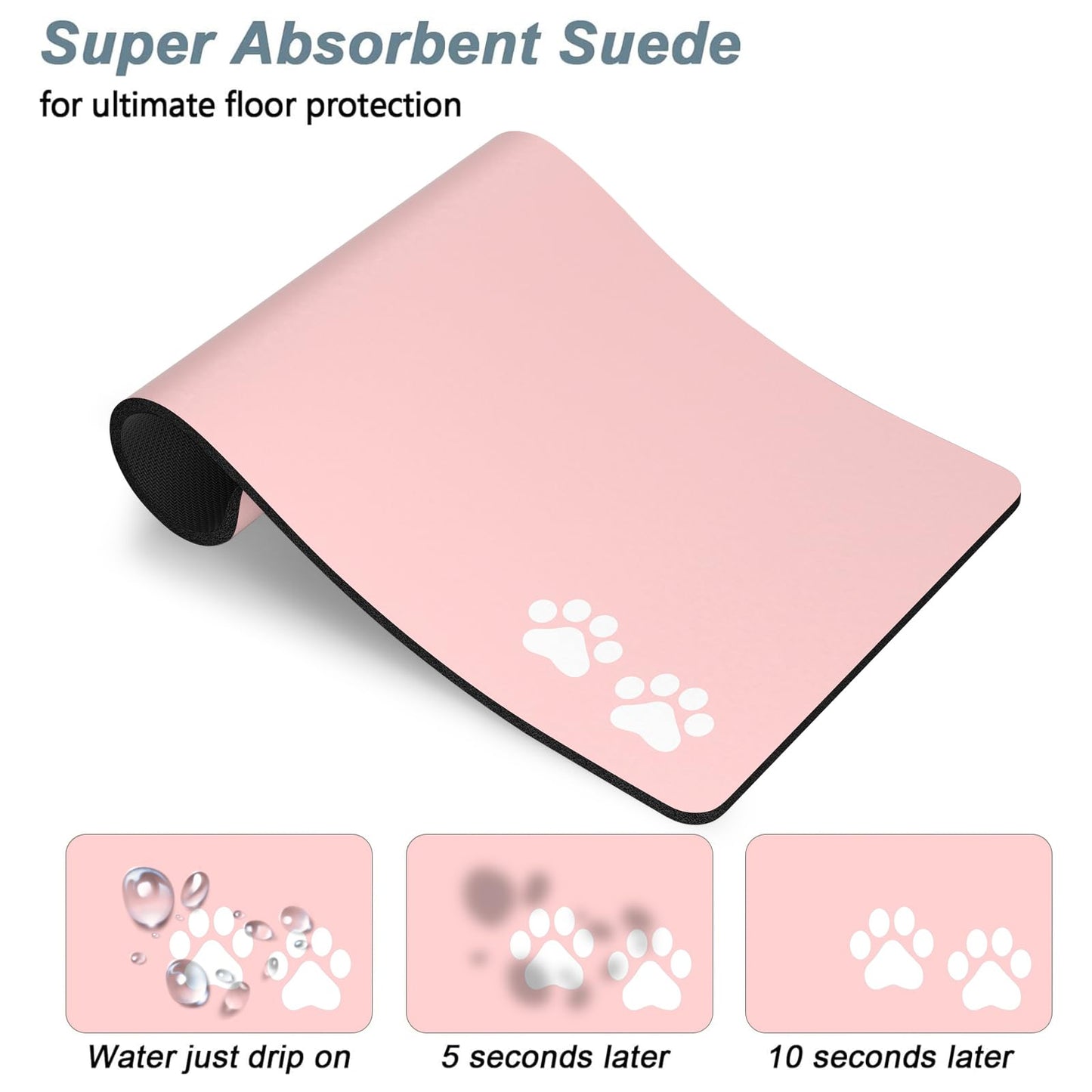 Rnivvi Dog Food Mat, 12" x 19" Footprint Absorbent Dog Cat Bowl Mat for Food and Water, Cute Anti-Slip Rubber Pet Feeding Rug Protect Floors, Puppy Placemat for Feeding & Watering Supplies, Pink