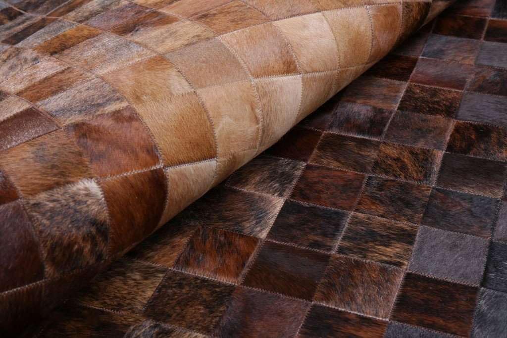 Hair-On Cowhide Leather Patchwork Area Rug 8×10 ft | Natural Patterned Low Pile Area Carpet, Modern Rustic Design for Living Room Bedroom Dining Room & Home Decor, Dark Brown