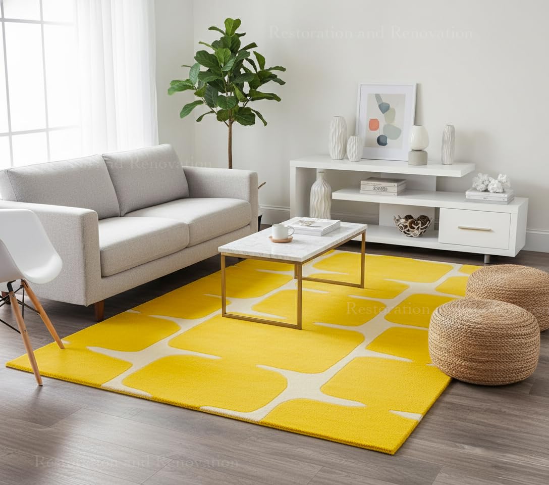 Restoration and Renovation Modern Wool Area Rug - Contemporary Abstract Geometric Design, Thick & Soft Hand-Tufted Carpet - Ideal for Indoor Decor in Living Room, Bedroom (Honey, 5' x 8')