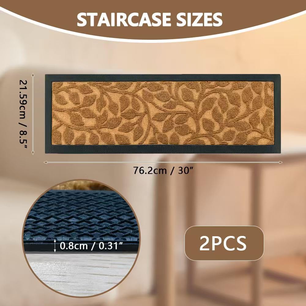 ApxRoufin Stair Runners for Wooden Steps, Non Slip Stair Carpet Treads, 2 Pcs 30" x 8.5" Stair Mats Rug Heat Insulation Rubber Backing, Staircase Step Treads for Elders, Dogs & Kids, Coco Leaves.