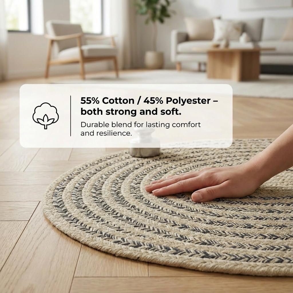 Cotton Braided Rug - 3' X 5' Beige and Charcoal Oval Woven Farmhouse Rug for Kitchen - Braided Minimalist Rugs for Entryway - Rustic Primitive Rugs for Bedside