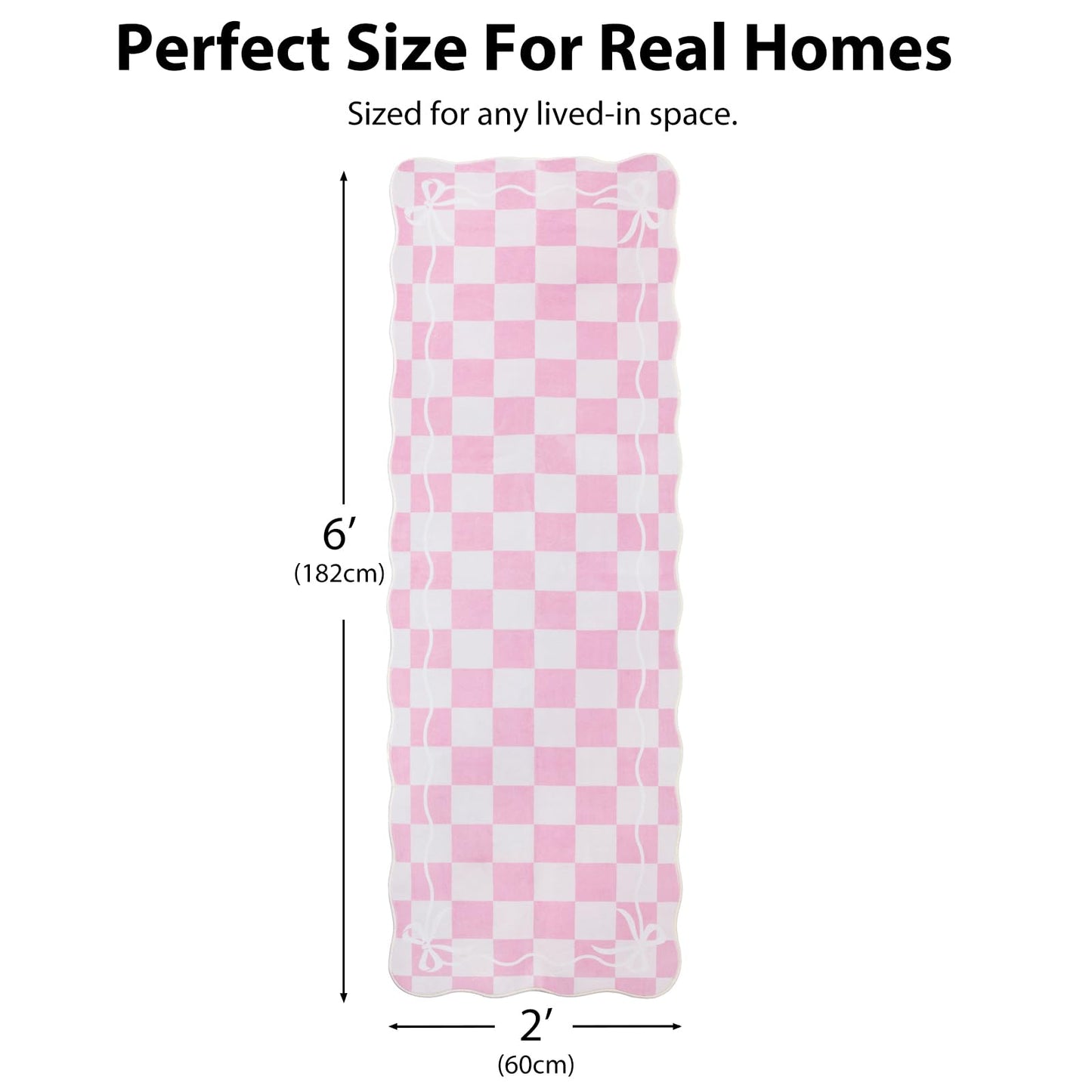 Albodanl Pink Checkered Bow Kitchen Runner Rug, 2x6 Washable Rug Runners for Hallways Non-Slip, Cute Scalloped Ultra-Thin Soft Carpet for Bedroom Bathroom Laundry Nursery Entryway