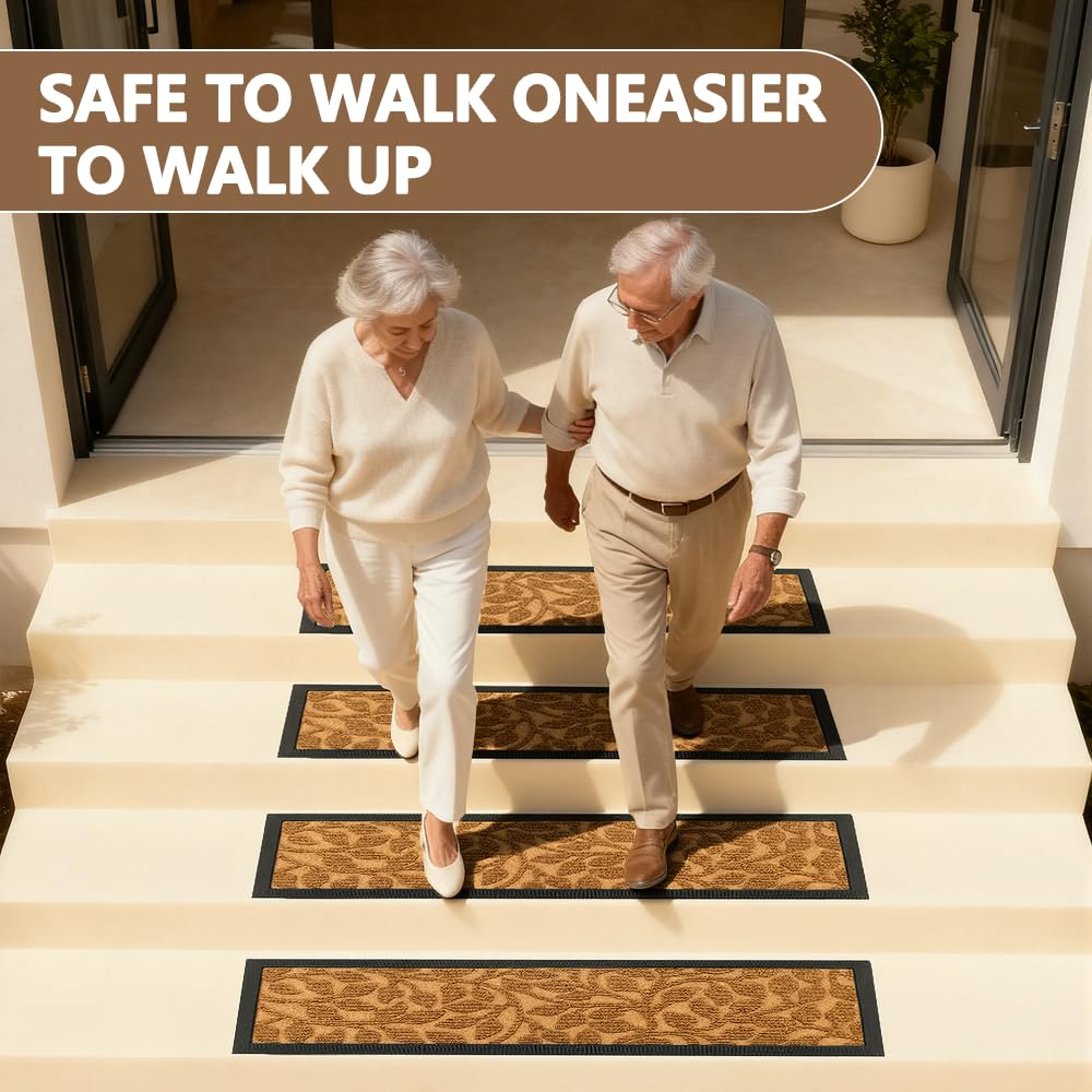 ApxRoufin Stair Runners for Wooden Steps, Non Slip Stair Carpet Treads, 2 Pcs 30" x 8.5" Stair Mats Rug Heat Insulation Rubber Backing, Staircase Step Treads for Elders, Dogs & Kids, Coco Leaves.
