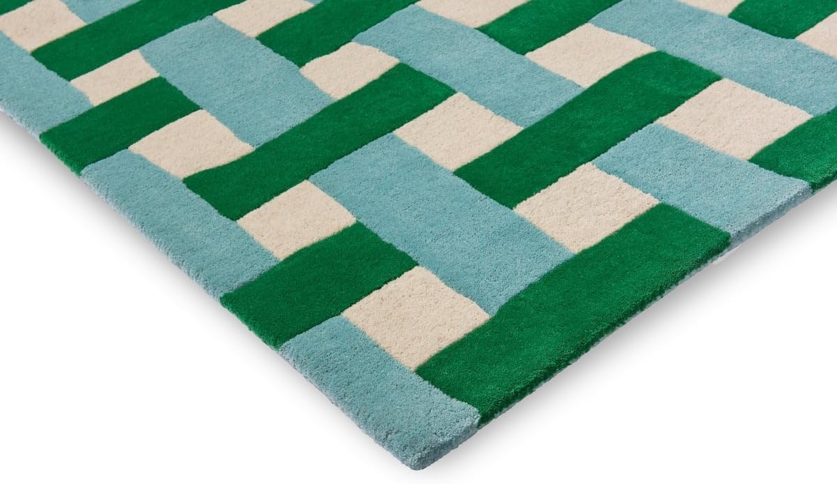 RUGWYN Hand-Tufted Basketweave Wool Area Rug, Modern Checkered Plaid Pattern, Geometric Decorative Floor Carpet for Living Room Bedroom, Dining Area & Nursery (Emerald, Aquarmarine, 2.6' x 9')