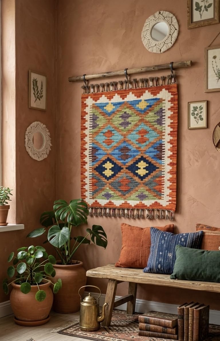 (Handmade Turkish Area Rug(YORUK Kilim) - 100% Wool - 20x22 in (1.5x2 ft) Small Accent Rug - Autumn Tones Geometric Diamond Design, Boho Decor for Side Table, Entryway, Wall Hanging)