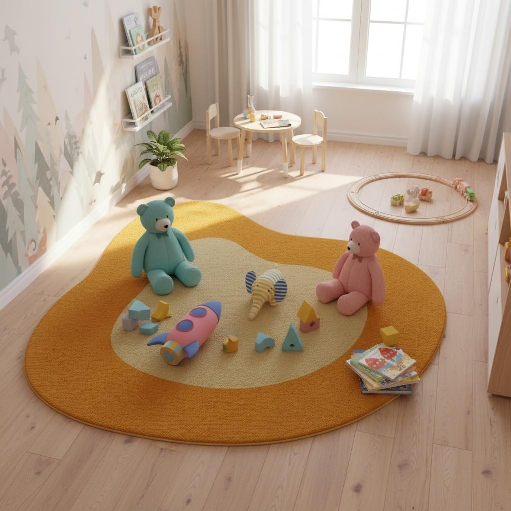 Mustard Yellow Beige Modern Abstract Irregular Area Rug 6ft Unique Design Irregular Shaped Rugs for Living Room Bedroom Playroom Pet Friendly Carpet Boho Under Dining Table Non Slip Easy Clean Mats