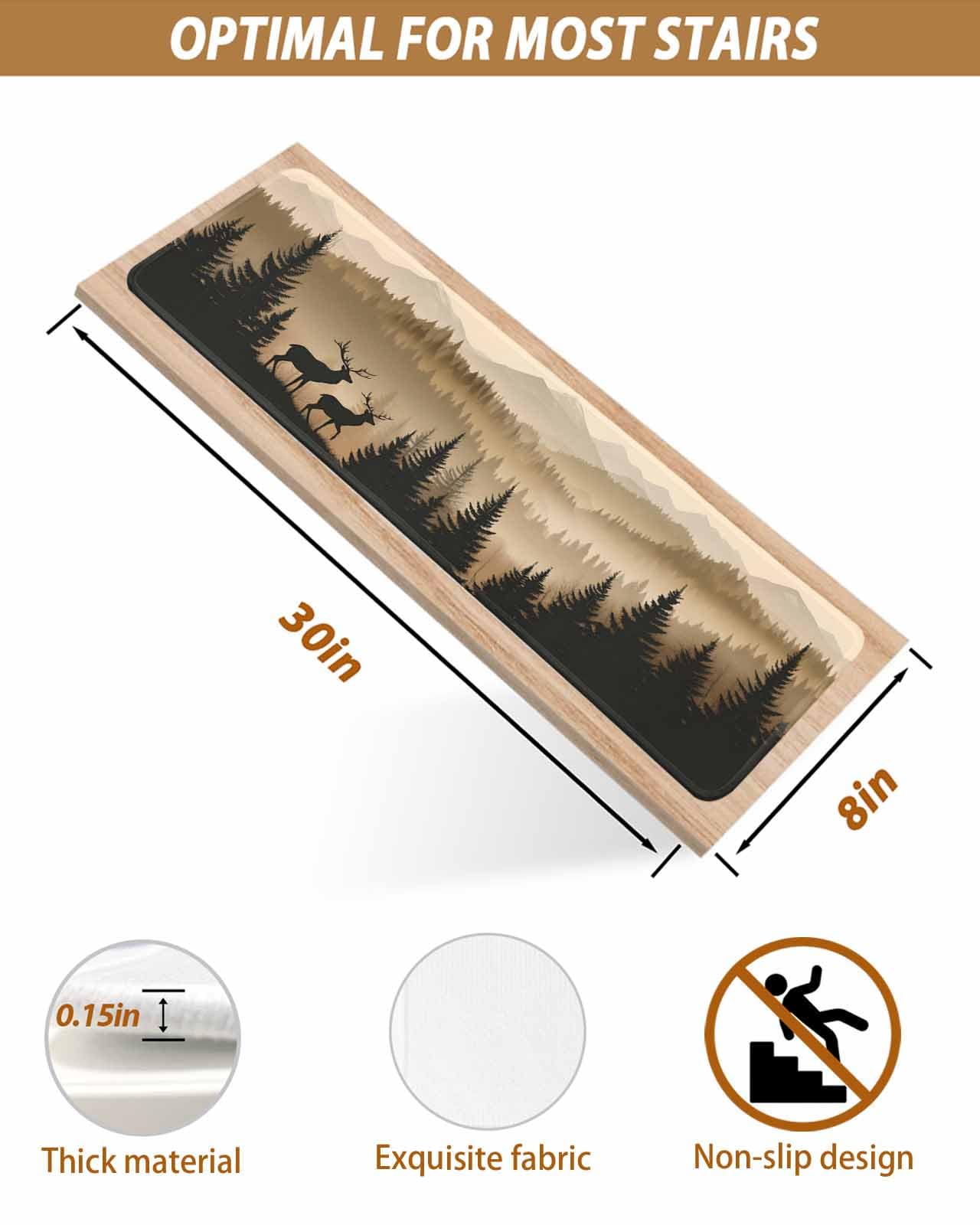 Black Forest Stair Treads for Wooden Steps Indoor Runner Rug Carpet, Deer Silhouettes Foggy Grey Pine Tree 10 Pieces Peel and Stick Staircase Step Treads Covers Washable Throw Door Mats 30"x8"