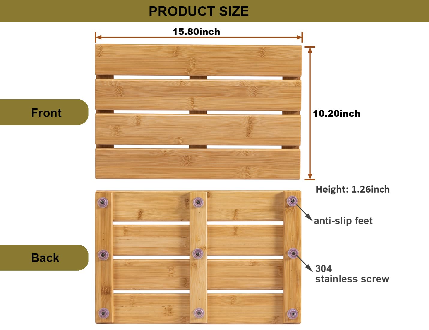 Small Bamboo Bath Mat – Mini Wooden Shower Floor Mat for Compact Bathroom, RV or Tight Spaces, Non-Slip, Quick Dry, Easy to Clean, Indoor Outdoor Use, 15.8" x 10.2" by PELYN