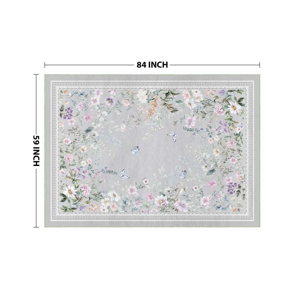 Artoid Mode Grey Butterfly Flower Spring Area Rug, Summer Home Decor Low-Profile Non-Slip Washable Large Rug for Living Room Bedroom Farmhouse Dining Room Kids Playroom 5x7 Feet