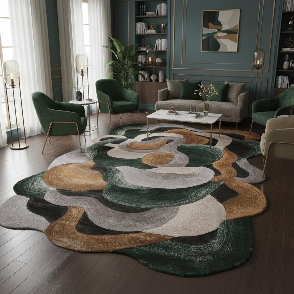 5x7 Irregular Shaped Area Rug for Living Room Bedroom Guestroom Indoor Throw Rugs Modern Abstract Art Meetingroom Home Office Lightweight Stain Resistant Floor Carpet Emerald Green Brown Gray