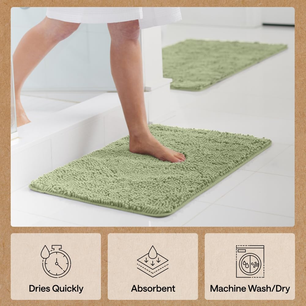 GORILLA GRIP Bath Rug Mat, Thick Soft Absorbent Chenille, Quick Dry Microfiber Mats, Rubber Backing Washable Shower Floor Rugs, US Designed Bathroom Bathmat Home Decor Accessories, 24x17 Sage Green
