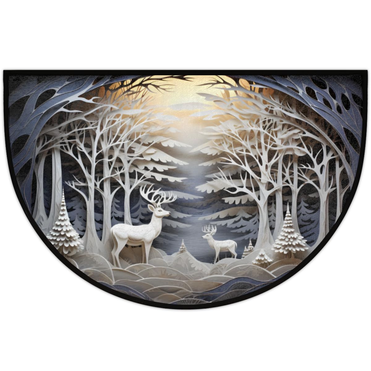 cfpolar Christmas Winter Scene Reindeer Half Round Door Mat Indoor Entrance Half Circle Area Rug Semi Circular Door Mat Half Moon Rug for Floor Bathroom Living Room Bedroom Kitchen Fireplace 24"x36"