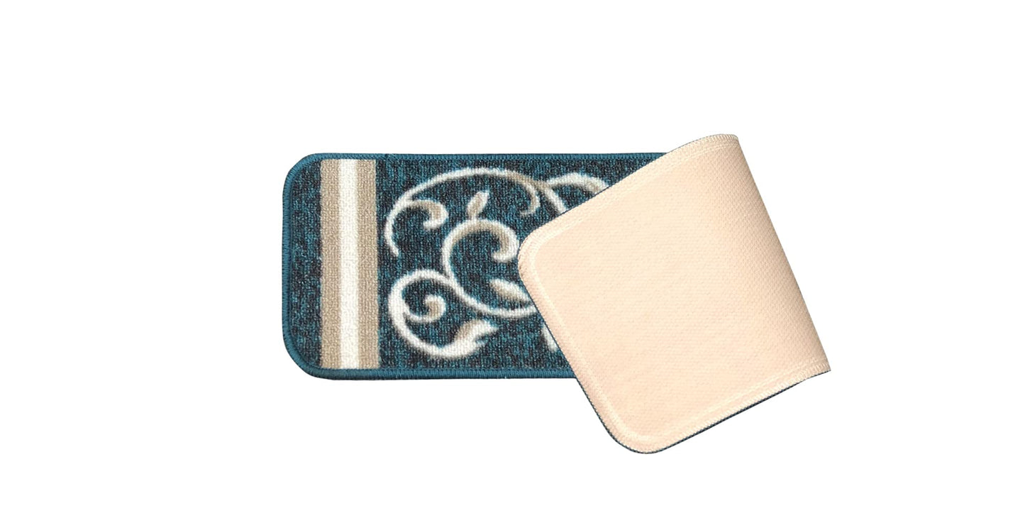 Gloria Non Slip Rubber Back Pet Friendly Floral Design Carpet Stair Treads Stairway mats (13, Greenish Teal)