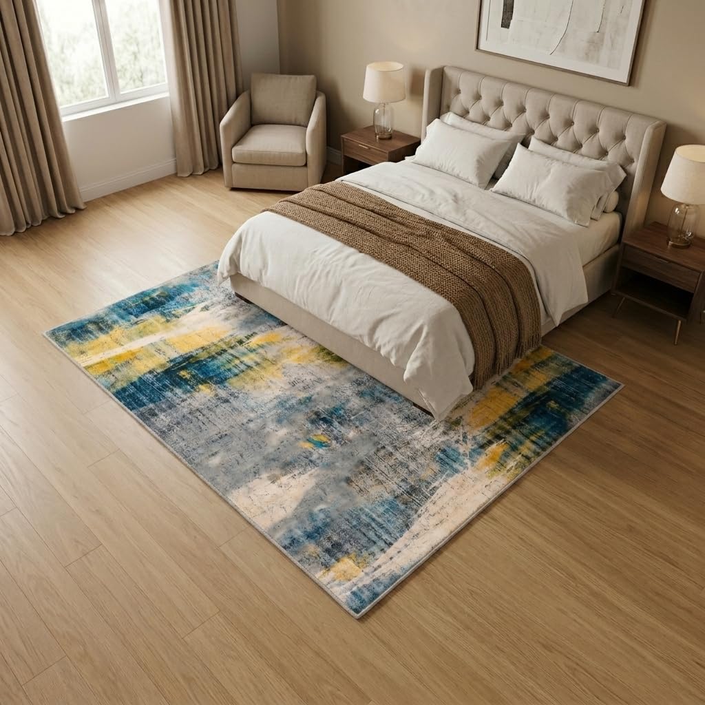 Xinlezx 5x7 Area Rug for Living Room, Washable Non Slip Abstract Area Rug, Blue Gray Modern Carpet with Yellow Accents, Soft Faux Cashmere Foldable Rug for Bedroom Dining Room Home Office