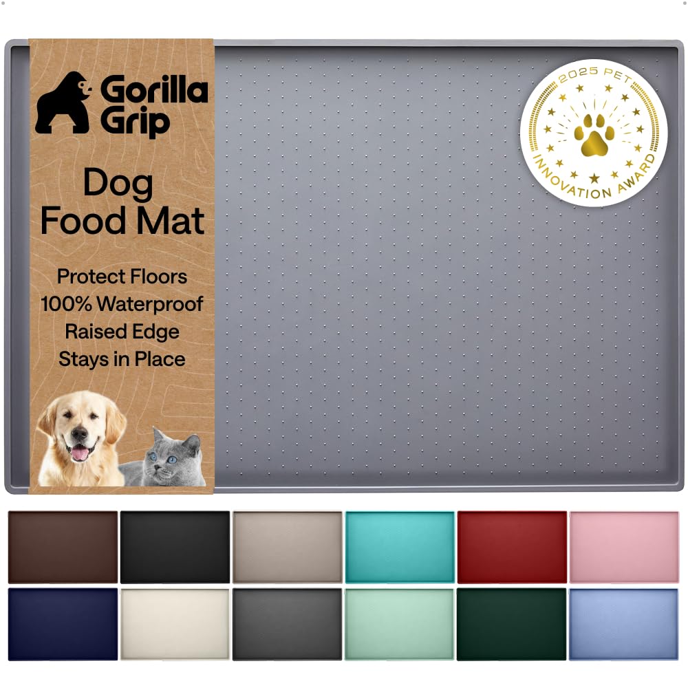 GORILLA GRIP 100% Waterproof Raised Edge BPA Free Silicone Pet Feeding Mat, Dog Cat Food Mats Contain Spills Protects Floors, Placemats for Cats and Dogs Water Bowl, Pets Accessories 23x15 Gray
