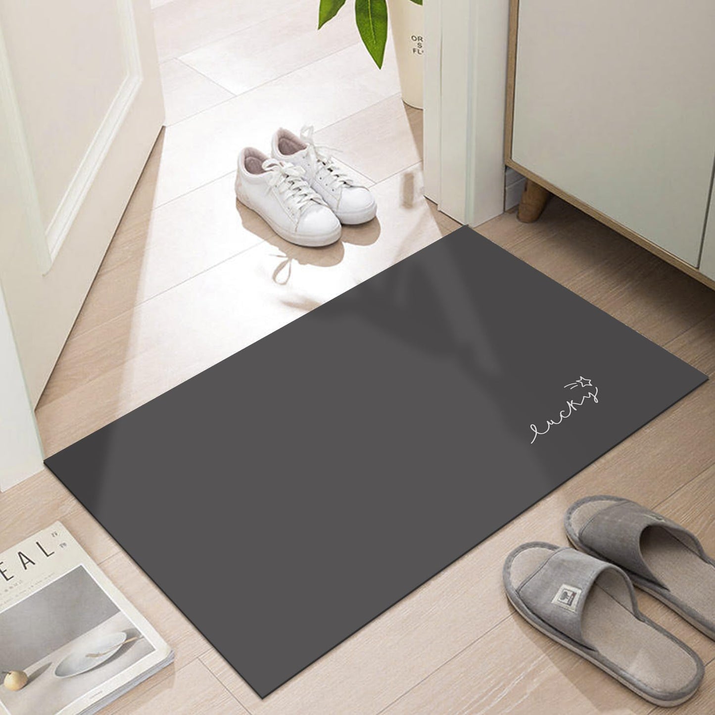 LYGLIGH Ultra Thin Door Mat Indoor Entrance, 1/10 in Thin Door Mats for Inside Entry, Non-Slip Rubber Backing Washable Doormat, Fade Resistant, Absorbent Dirt Trapper, 24"X16", Dark Grey