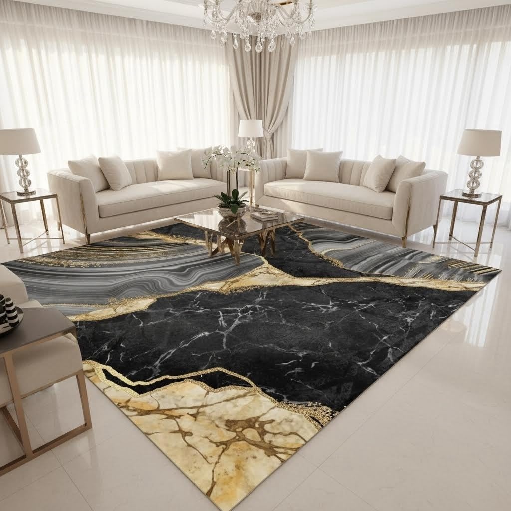 Black Gray Gold Cracked Marble Texture Area Rug 5x7 Modern Abstract Aesthetic Art Deco Machine Washable Rugs for Living Room Bedroom Guestroom Luxury Home Office Meetingroom Indoor Carpet Floor Mat