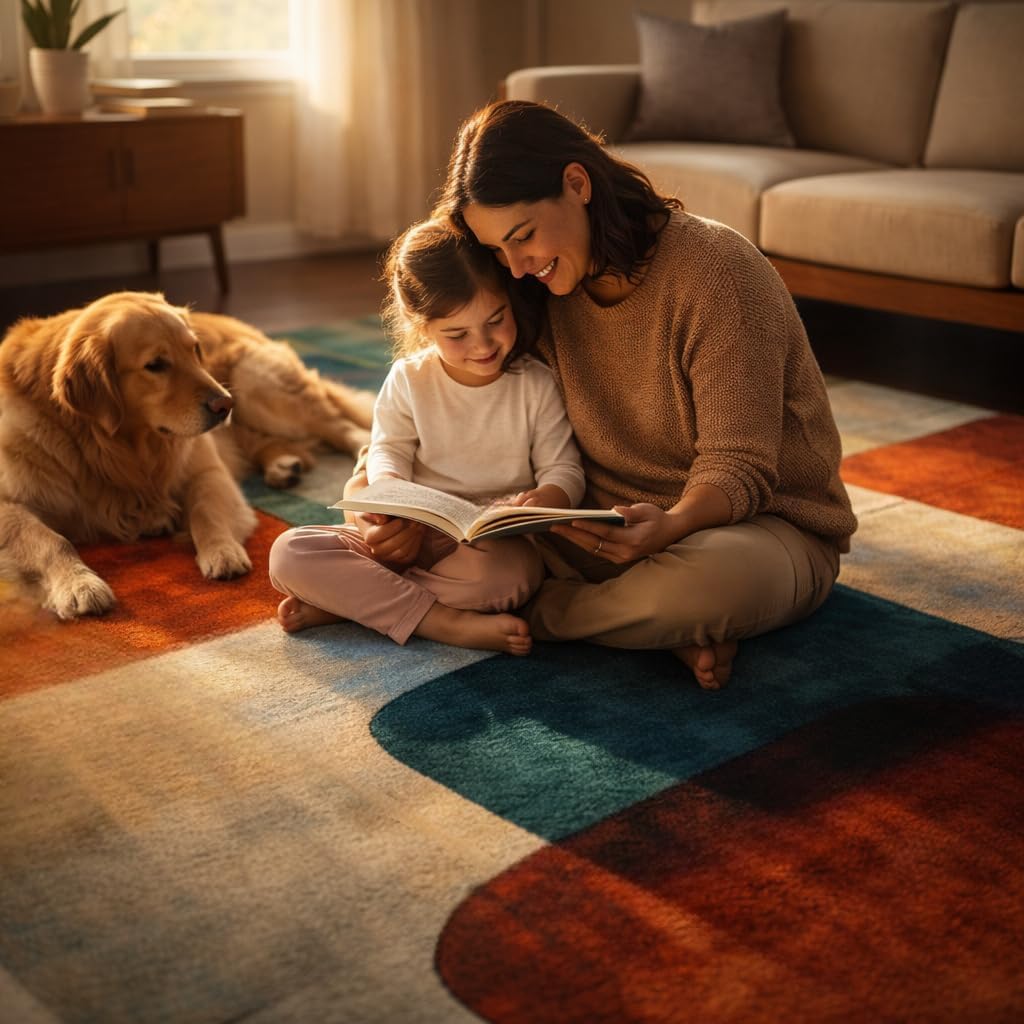 Tzvjxln Mid Century Geometric Area Rug 5x8 ft, Retro Color Block Abstract Statement Rug, Low Pile Non-Slip Washable Indoor Rug for Living Room Bedroom