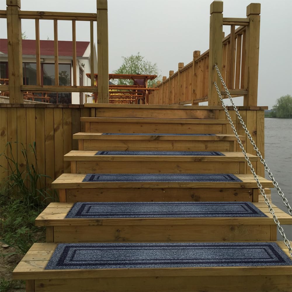 Aucuda 6pcs 8.5" x 30" Stair Treads Outdoor for Elders and Dogs on Wooden Steps Spring, Non Slip Stair Runner Rug Heat Insulation Rubber Backing, Frame Staircase Mat Carpet for Indoor Grip Farmhouse.