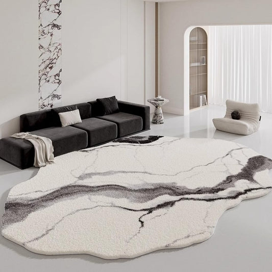 Beige White Gray Marble Texture Irregular Shaped Rug for Living Room Bedroom Nursery Machine Washable Shaggy Carpet Unique Aesthetic Art Deco Rugs Non Slip Under Dining Coffee Table Floor Mat 5x7