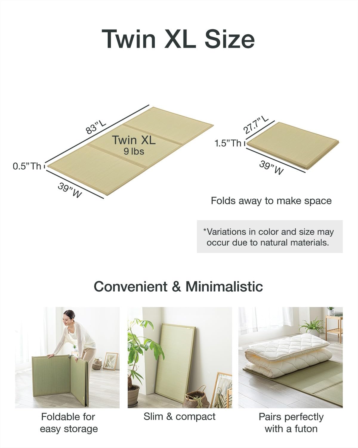 FULI Japanese Tatami Mattress, Foldable Igusa Rush Grass Tatami Rug, Natural Japanese Floor Mattress Mat Made in Japan, Twin XL