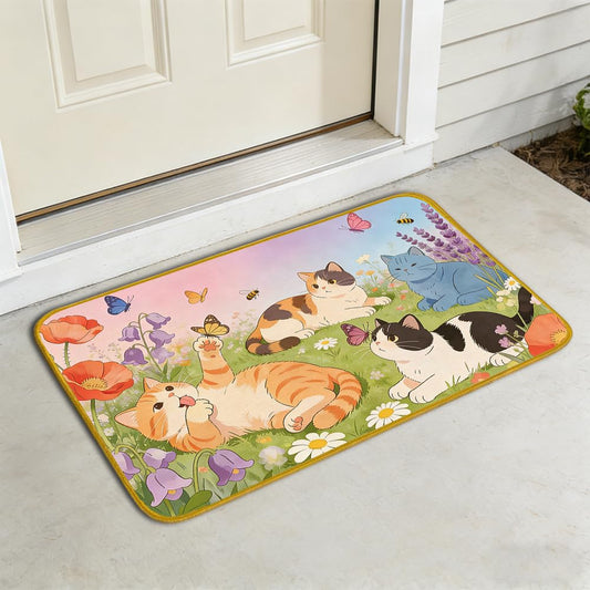 Tenobet Cute Cat Door Mat, Linen Indoor Outdoor Entry Mat, Flowers Welcome Mat Front Door, Non Slip Rubber Floor Mat, Easy Clean Rug, Cats Lover Funny Porch Decor (Cat, 17 x 29.5 Inches)