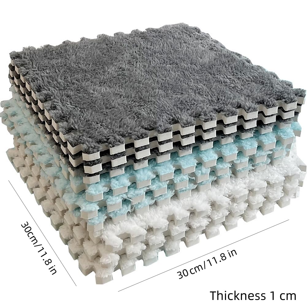 12pcs Carpet Squares Puzzle Floor Mat, Plush Interlocking Carpet Tiles, Anti Slip EVA Foam Jigsaw Floor Tiles, Build A Safe Area for Bedroom Playroom (Grey+Black)