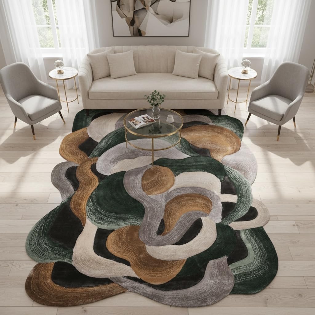 5x7 Irregular Shaped Area Rug for Living Room Bedroom Guestroom Indoor Throw Rugs Modern Abstract Art Meetingroom Home Office Lightweight Stain Resistant Floor Carpet Emerald Green Brown Gray