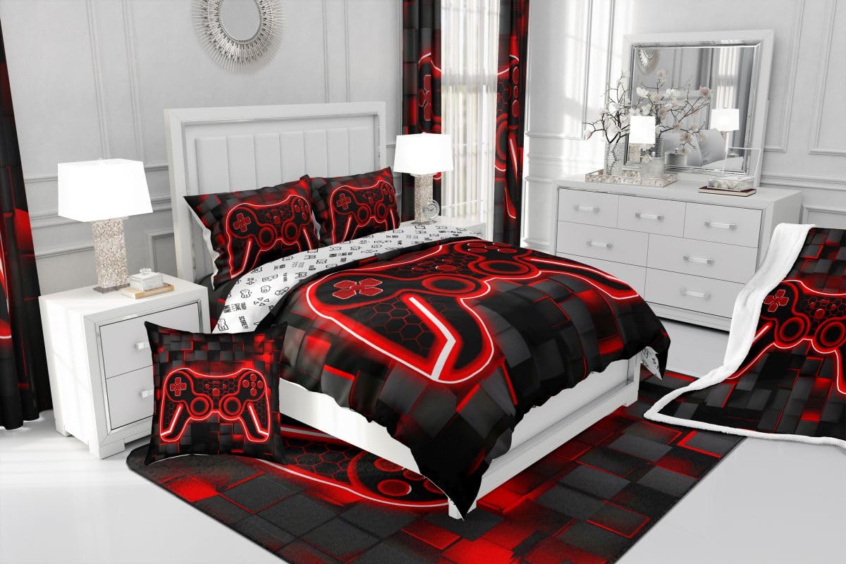 Feelyou Kids Gamer Area Rug 3x5 Red and Black Rugs for Living Room Bedroom for Boys Teens Room Decor Gaming Ombre Decorative Rug Set Geometric Square Indoor Floor Mat