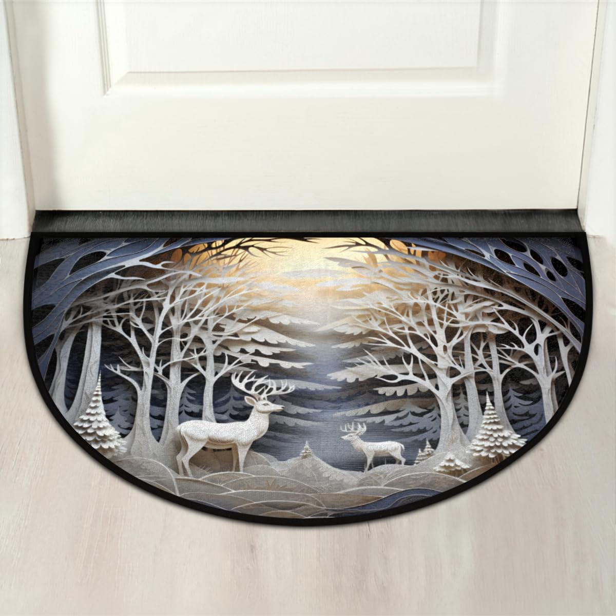 cfpolar Christmas Winter Scene Reindeer Half Round Door Mat Indoor Entrance Half Circle Area Rug Semi Circular Door Mat Half Moon Rug for Floor Bathroom Living Room Bedroom Kitchen Fireplace 24"x36"