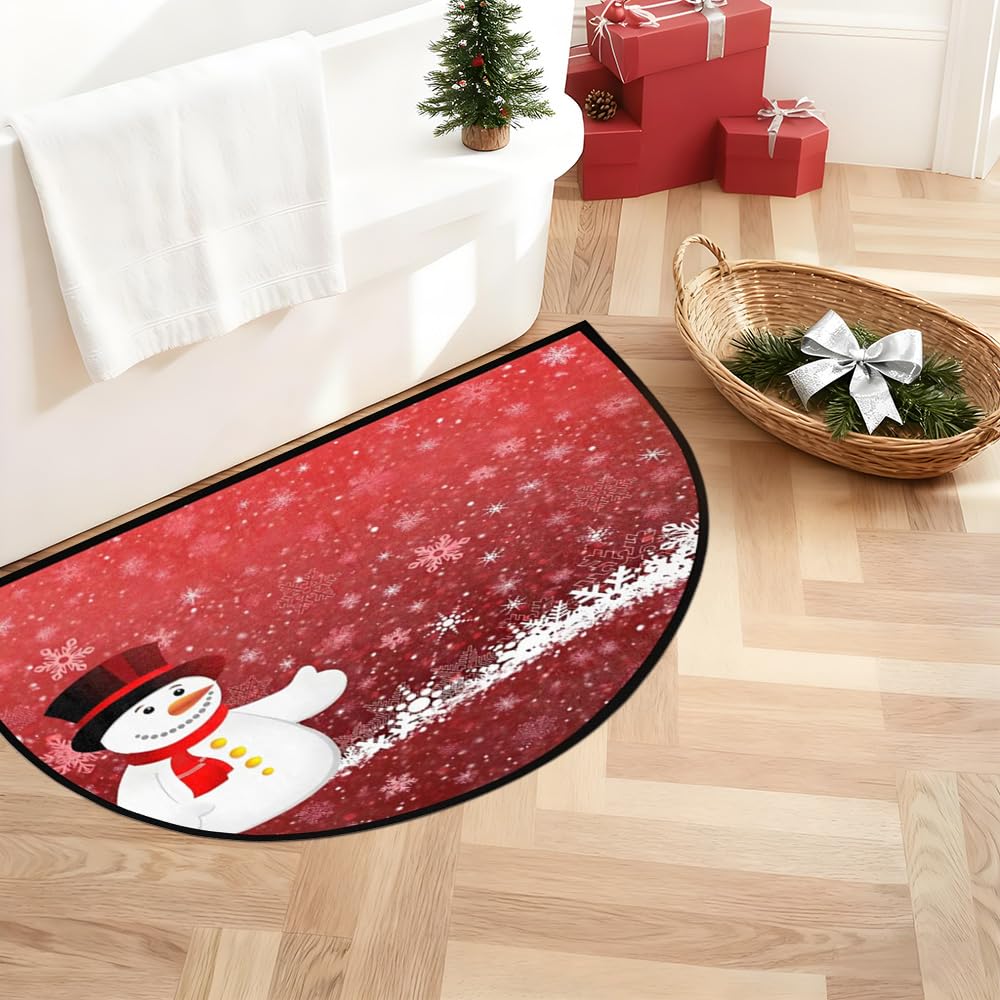 Christmas Door Mat for Outdoor Indoor Welcome Mat Snowman Red Half Round Doormat Christmas Entryway Rug 24" x 36" Holiday Door Mats for Home
